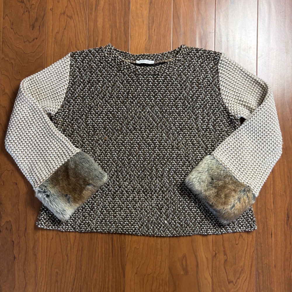 Zara Woman Knit Sweater Brown Faux Fur Cuff Mixed Media Pullover Large